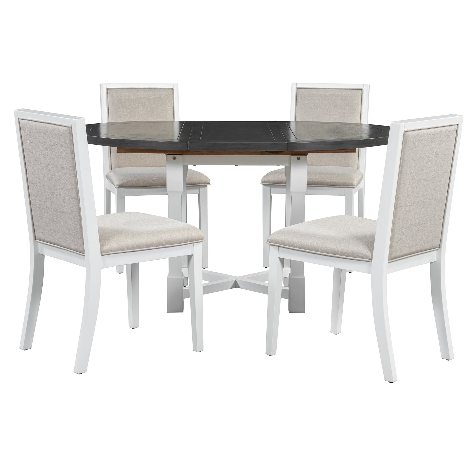 TREXM 5 - Piece Extendable Dining Table Set for 4, Round Dining Table for 4 with Upholstered Chairs, Farmhouse Kitchen Table Set with Removable Leaf for Dining Room and Kitchen (Grey+White) - 1st Choice Furniture Direct