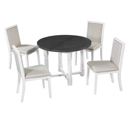 TREXM 5 - Piece Extendable Dining Table Set for 4, Round Dining Table for 4 with Upholstered Chairs, Farmhouse Kitchen Table Set with Removable Leaf for Dining Room and Kitchen (Grey+White) - 1st Choice Furniture Direct