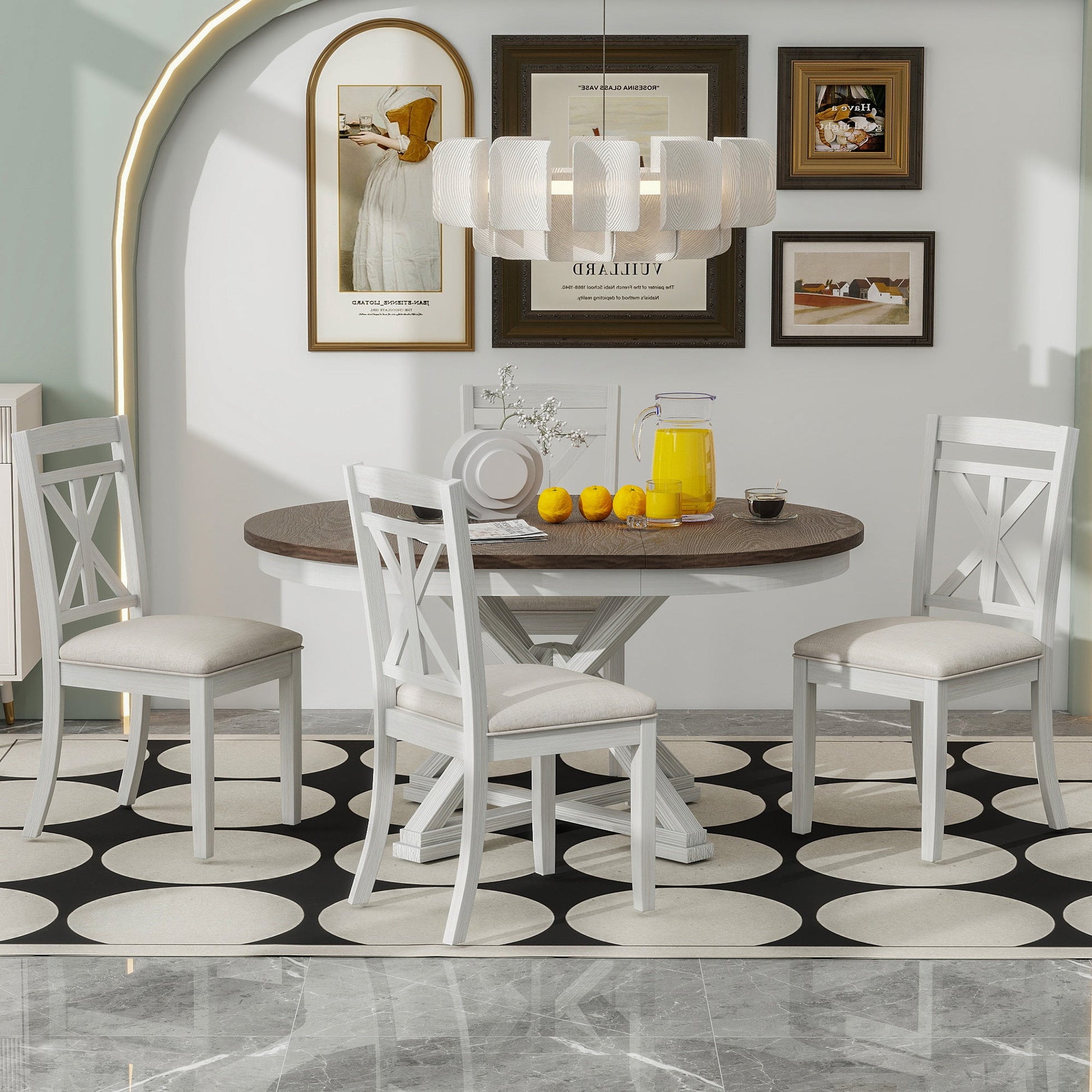 TREXM 5 - Piece Retro Functional Dining Table Set Extendable Round Table and 4 Upholstered Chairs for Dining Room and Living Room (Brown+Antique White) - 1st Choice Furniture Direct