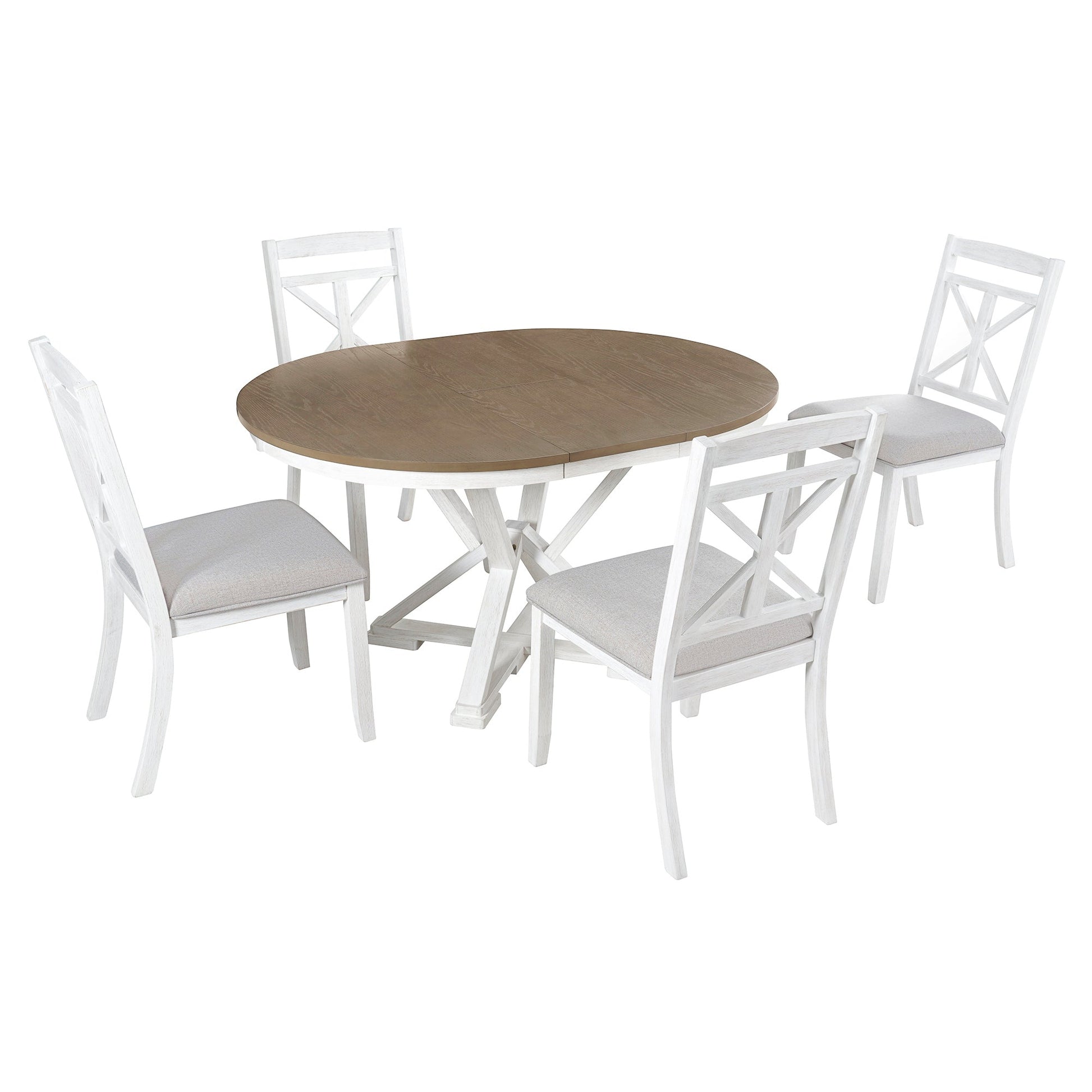 TREXM 5 - Piece Retro Functional Dining Table Set Extendable Round Table and 4 Upholstered Chairs for Dining Room and Living Room (Brown+Antique White) - 1st Choice Furniture Direct