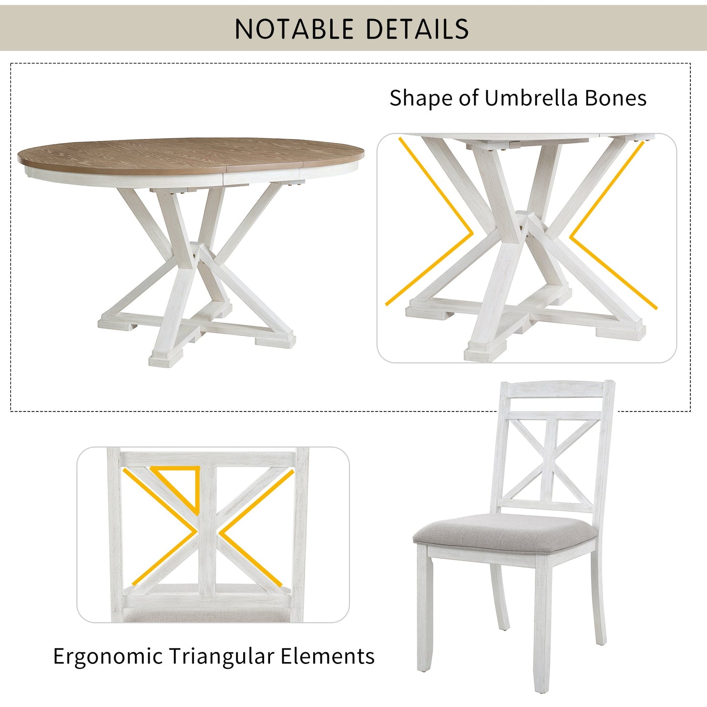 TREXM 5 - Piece Retro Functional Dining Table Set Extendable Round Table and 4 Upholstered Chairs for Dining Room and Living Room (Brown+Antique White) - 1st Choice Furniture Direct