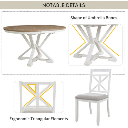 TREXM 5 - Piece Retro Functional Dining Table Set Extendable Round Table and 4 Upholstered Chairs for Dining Room and Living Room (Brown+Antique White) - 1st Choice Furniture Direct