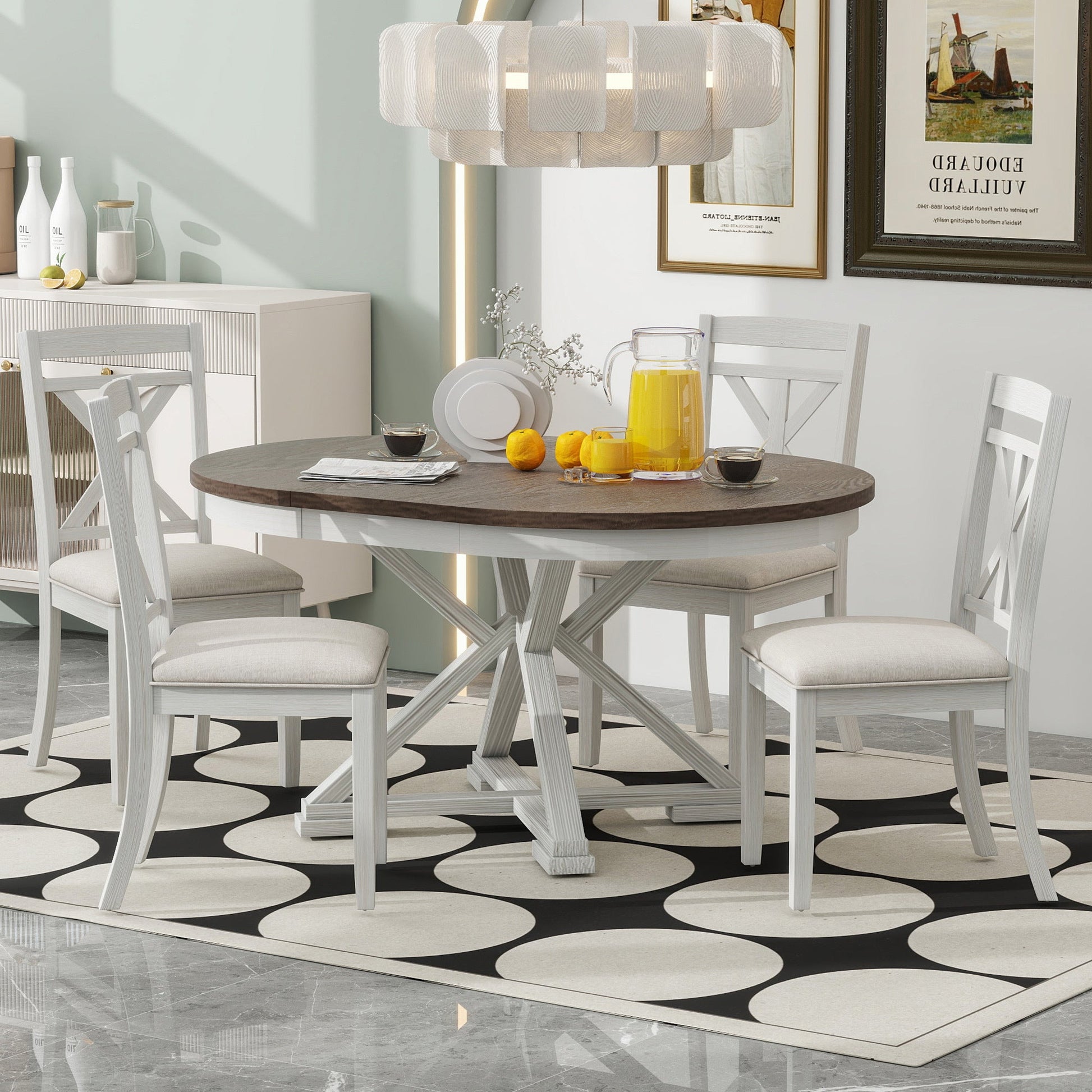 TREXM 5 - Piece Retro Functional Dining Table Set Extendable Round Table and 4 Upholstered Chairs for Dining Room and Living Room (Brown+Antique White) - 1st Choice Furniture Direct