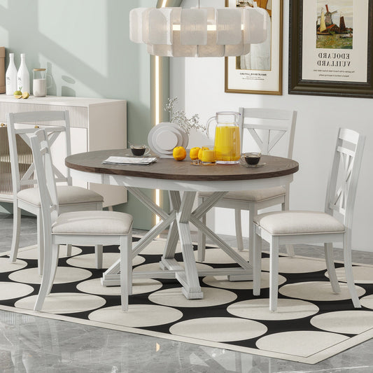 TREXM 5 - Piece Retro Functional Dining Table Set Extendable Round Table and 4 Upholstered Chairs for Dining Room and Living Room (Brown+Antique White) - 1st Choice Furniture Direct