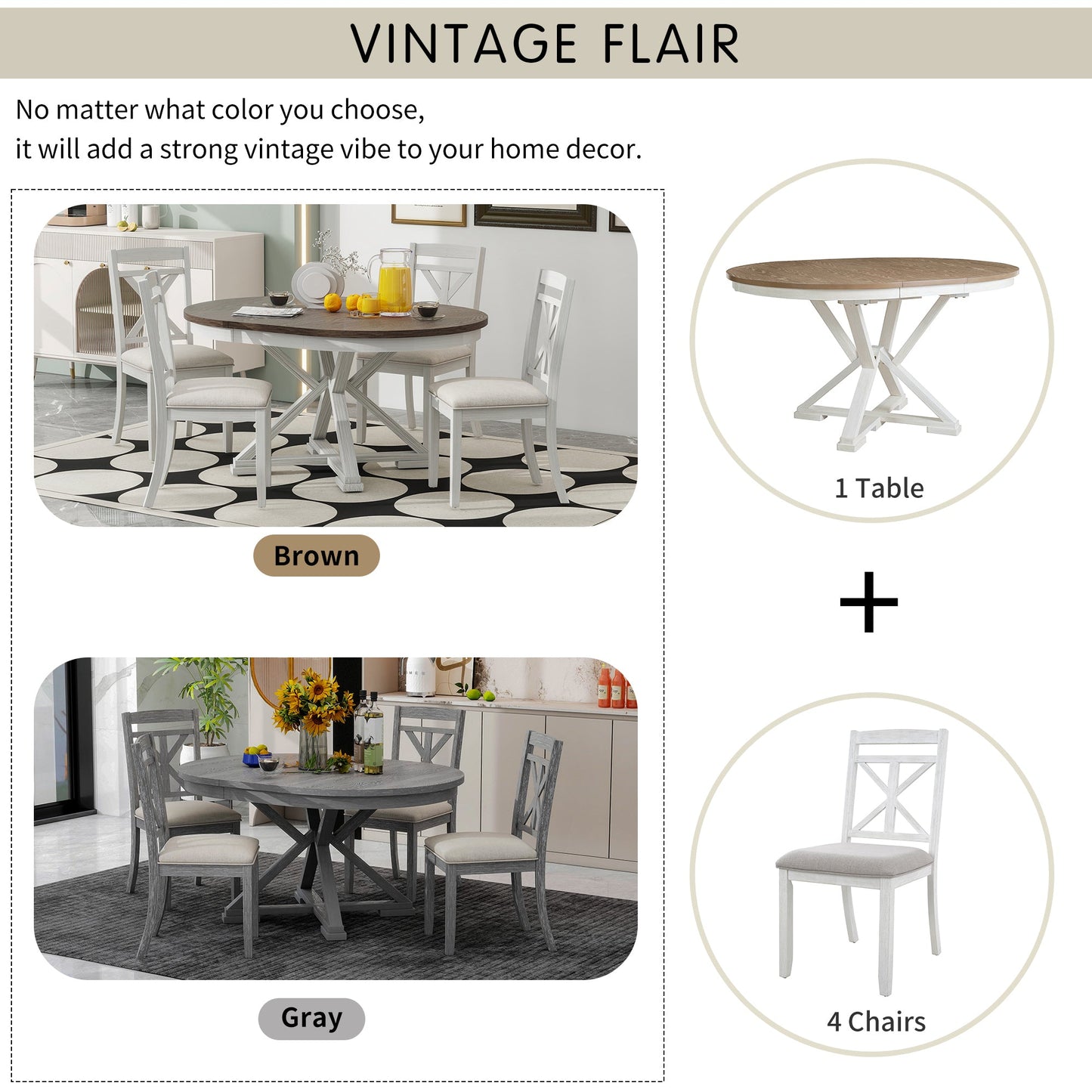 TREXM 5 - Piece Retro Functional Dining Table Set Extendable Round Table and 4 Upholstered Chairs for Dining Room and Living Room (Brown+Antique White) - 1st Choice Furniture Direct