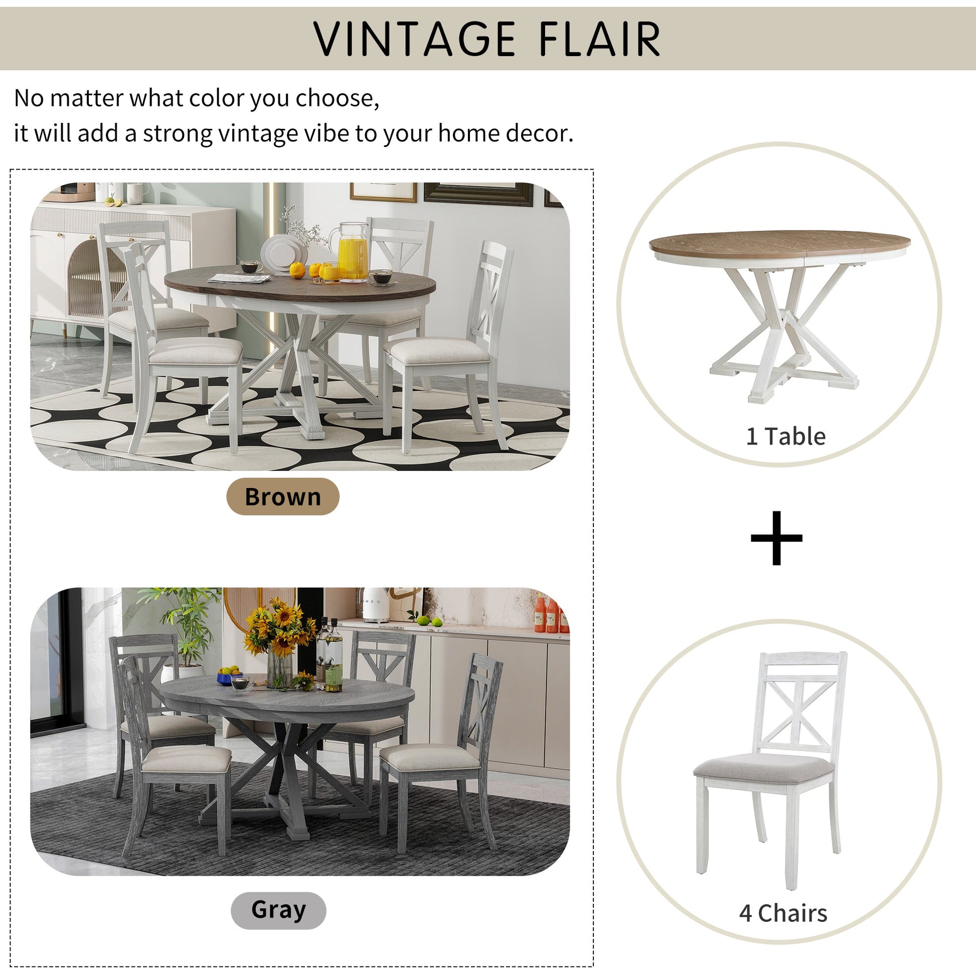 TREXM 5 - Piece Retro Functional Dining Table Set Extendable Round Table and 4 Upholstered Chairs for Dining Room and Living Room (Brown+Antique White) - 1st Choice Furniture Direct