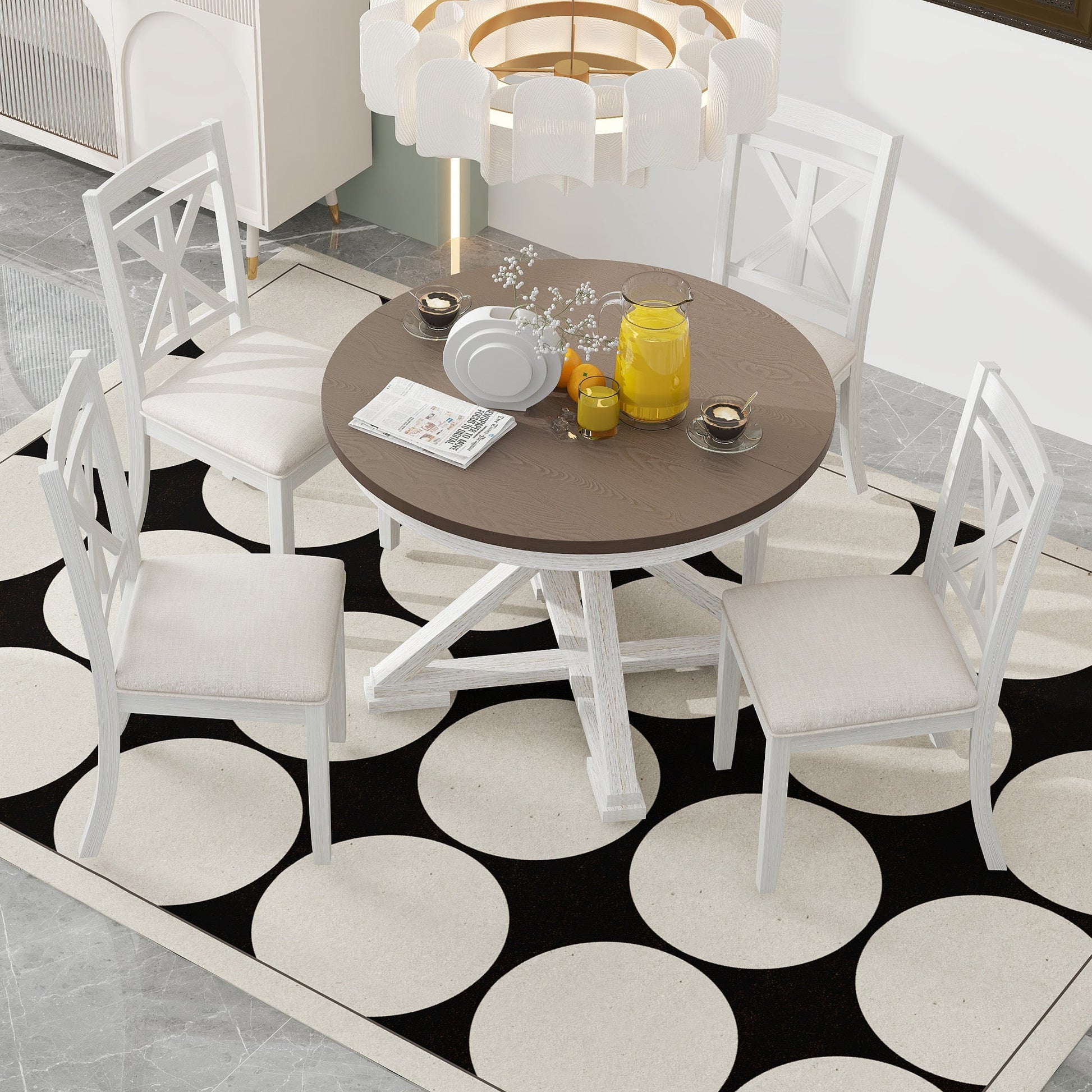 TREXM 5 - Piece Retro Functional Dining Table Set Extendable Round Table and 4 Upholstered Chairs for Dining Room and Living Room (Brown+Antique White) - 1st Choice Furniture Direct