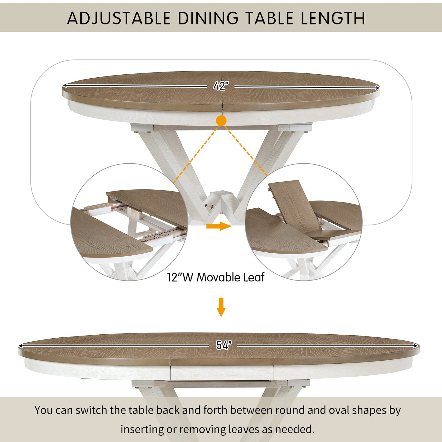 TREXM 5 - Piece Retro Functional Dining Table Set Extendable Round Table and 4 Upholstered Chairs for Dining Room and Living Room (Brown+Antique White) - 1st Choice Furniture Direct