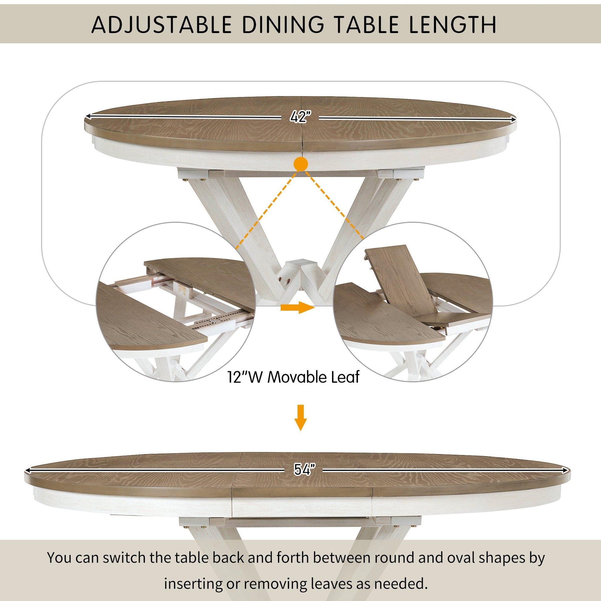 TREXM 5 - Piece Retro Functional Dining Table Set Extendable Round Table and 4 Upholstered Chairs for Dining Room and Living Room (Brown+Antique White) - 1st Choice Furniture Direct
