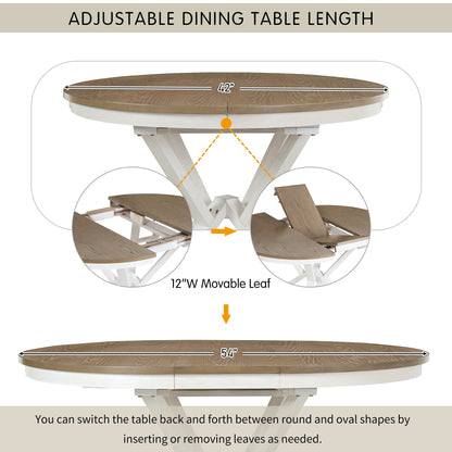 TREXM 5 - Piece Retro Functional Dining Table Set Extendable Round Table and 4 Upholstered Chairs for Dining Room and Living Room (Brown+Antique White) - 1st Choice Furniture Direct