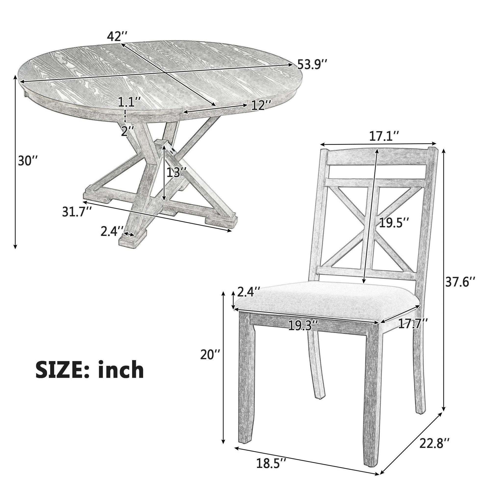 TREXM 5 - Piece Retro Functional Dining Table Set Extendable Round Table and 4 Upholstered Chairs for Dining Room and Living Room (Brown+Antique White) - 1st Choice Furniture Direct