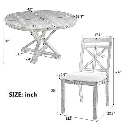 TREXM 5 - Piece Retro Functional Dining Table Set Extendable Round Table and 4 Upholstered Chairs for Dining Room and Living Room (Brown+Antique White) - 1st Choice Furniture Direct