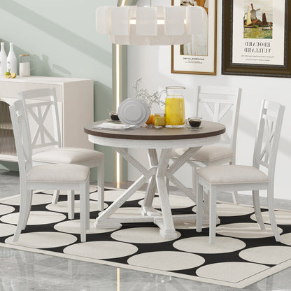 TREXM 5 - Piece Retro Functional Dining Table Set Extendable Round Table and 4 Upholstered Chairs for Dining Room and Living Room (Brown+Antique White) - 1st Choice Furniture Direct