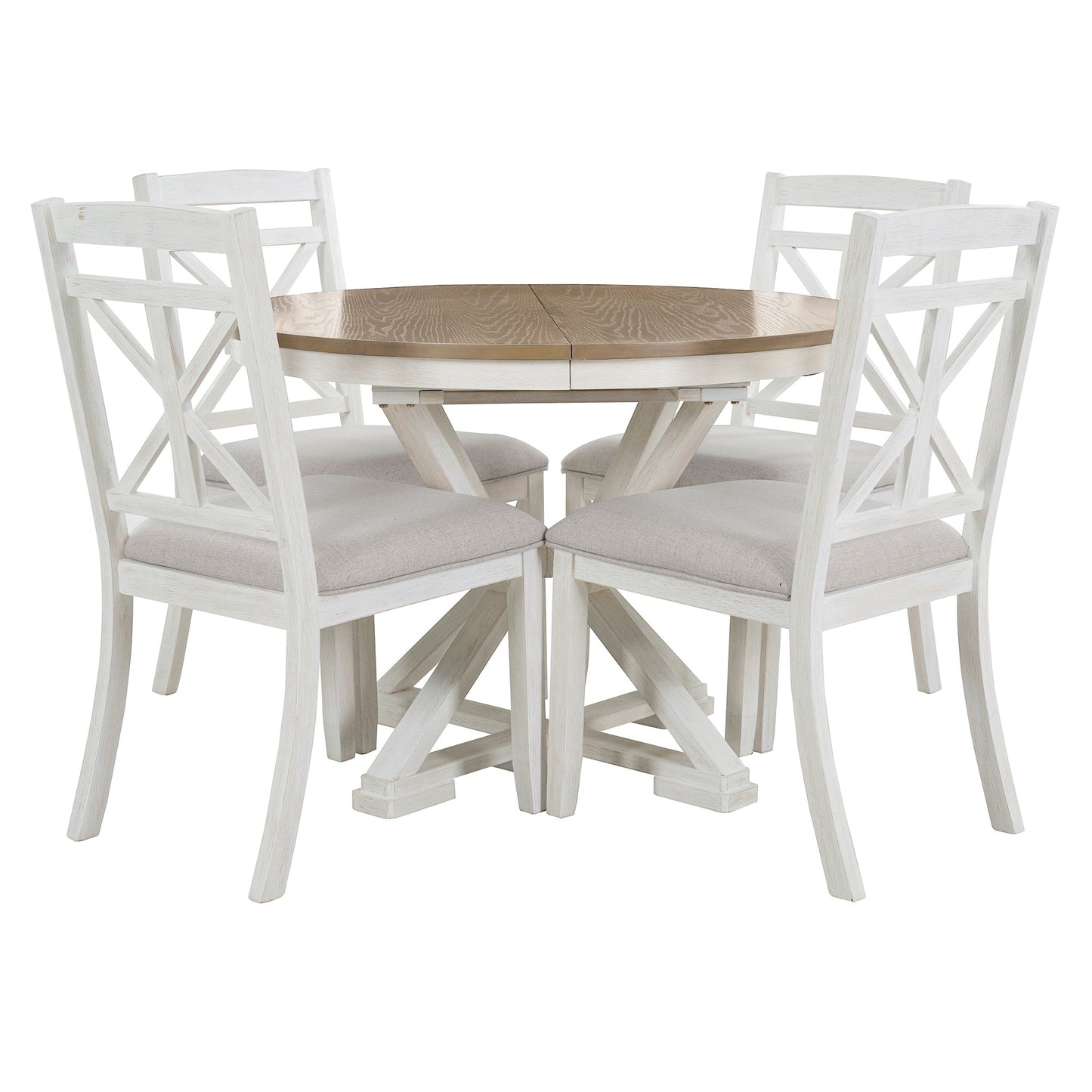 TREXM 5 - Piece Retro Functional Dining Table Set Extendable Round Table and 4 Upholstered Chairs for Dining Room and Living Room (Brown+Antique White) - 1st Choice Furniture Direct