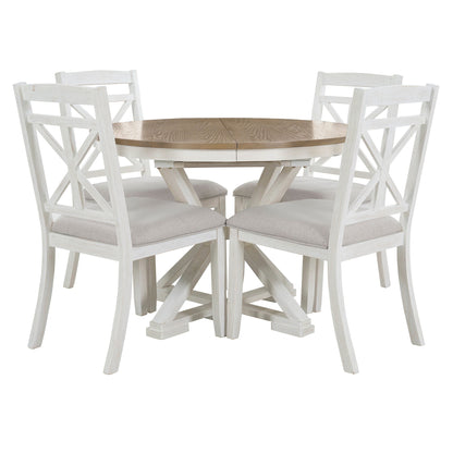 TREXM 5 - Piece Retro Functional Dining Table Set Extendable Round Table and 4 Upholstered Chairs for Dining Room and Living Room (Brown+Antique White) - 1st Choice Furniture Direct