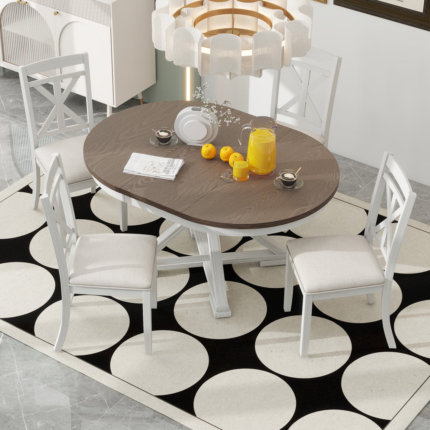 TREXM 5 - Piece Retro Functional Dining Table Set Extendable Round Table and 4 Upholstered Chairs for Dining Room and Living Room (Brown+Antique White) - 1st Choice Furniture Direct