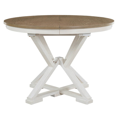 TREXM 5 - Piece Retro Functional Dining Table Set Extendable Round Table and 4 Upholstered Chairs for Dining Room and Living Room (Brown+Antique White) - 1st Choice Furniture Direct
