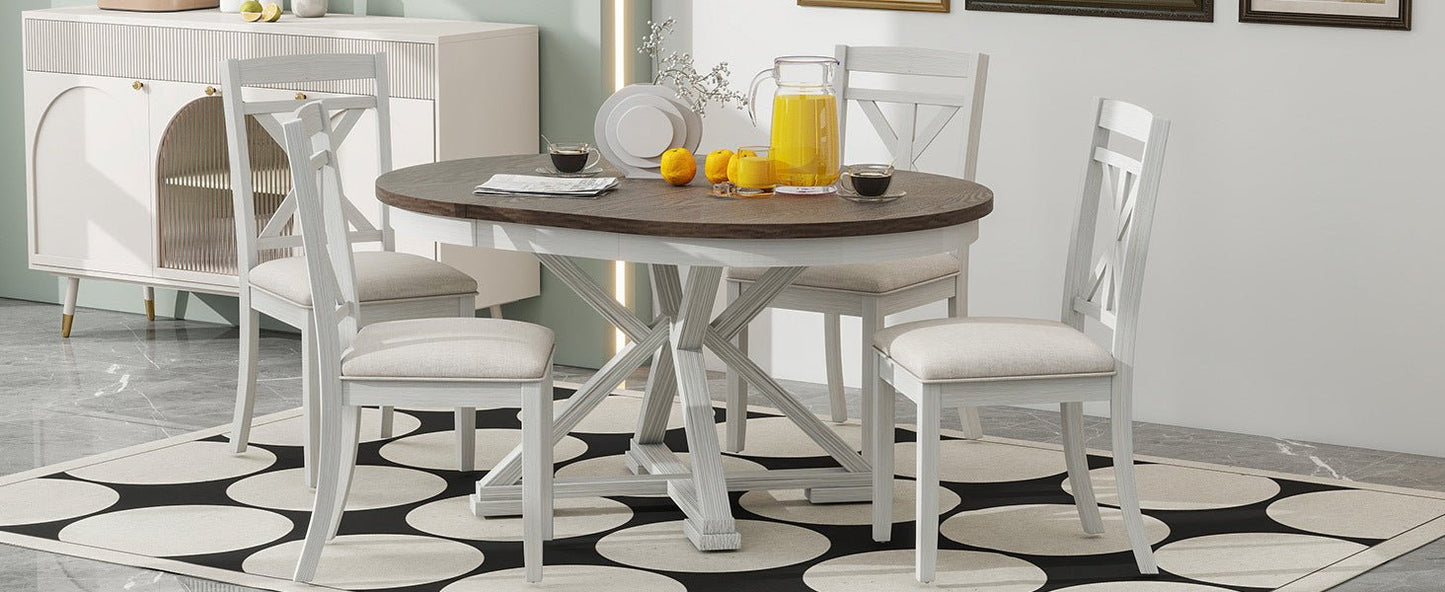 TREXM 5 - Piece Retro Functional Dining Table Set Extendable Round Table and 4 Upholstered Chairs for Dining Room and Living Room (Brown+Antique White) - 1st Choice Furniture Direct