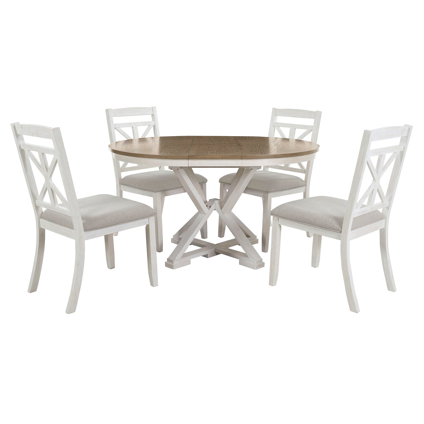 TREXM 5 - Piece Retro Functional Dining Table Set Extendable Round Table and 4 Upholstered Chairs for Dining Room and Living Room (Brown+Antique White) - 1st Choice Furniture Direct