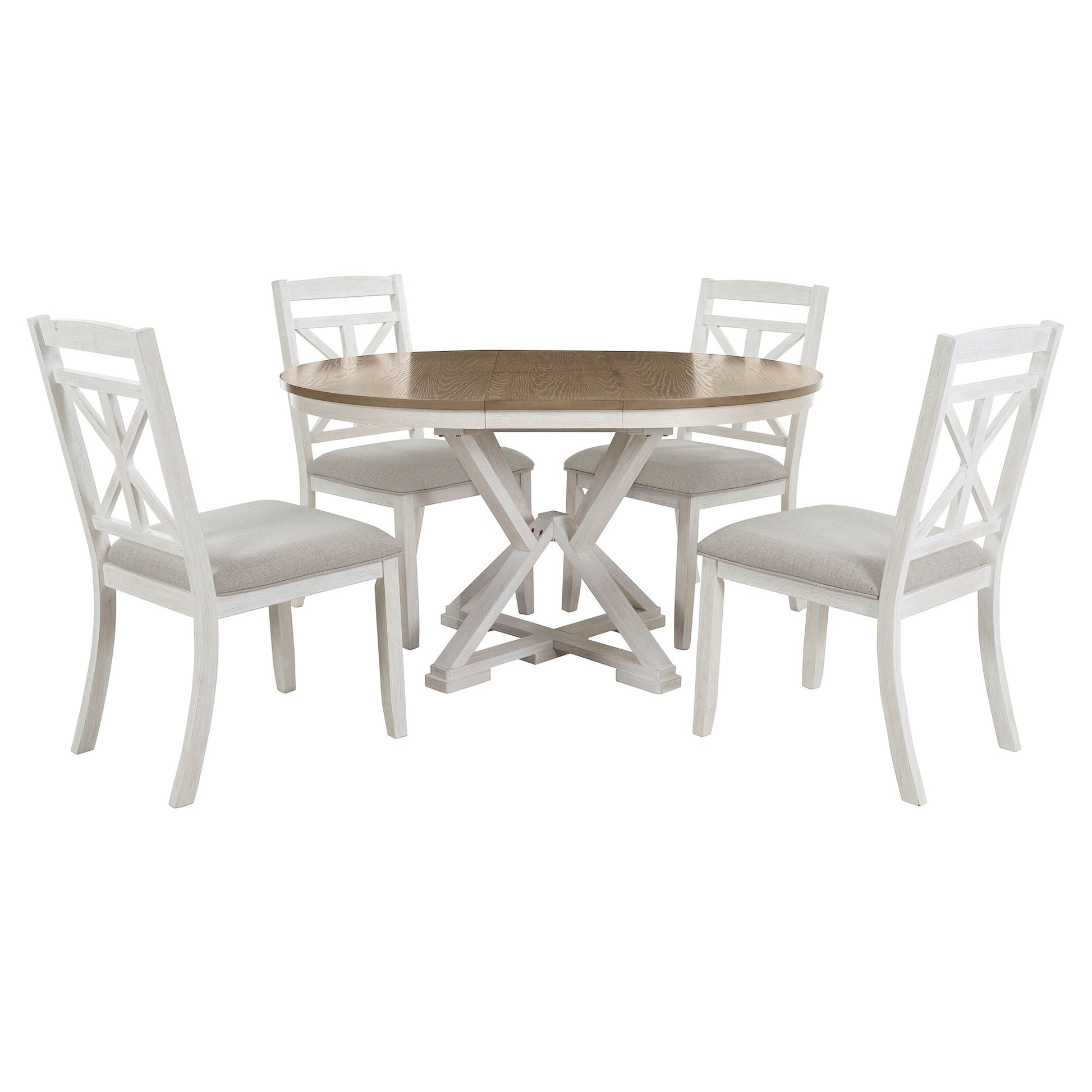 TREXM 5 - Piece Retro Functional Dining Table Set Extendable Round Table and 4 Upholstered Chairs for Dining Room and Living Room (Brown+Antique White) - 1st Choice Furniture Direct