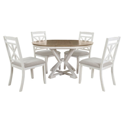 TREXM 5 - Piece Retro Functional Dining Table Set Extendable Round Table and 4 Upholstered Chairs for Dining Room and Living Room (Brown+Antique White) - 1st Choice Furniture Direct