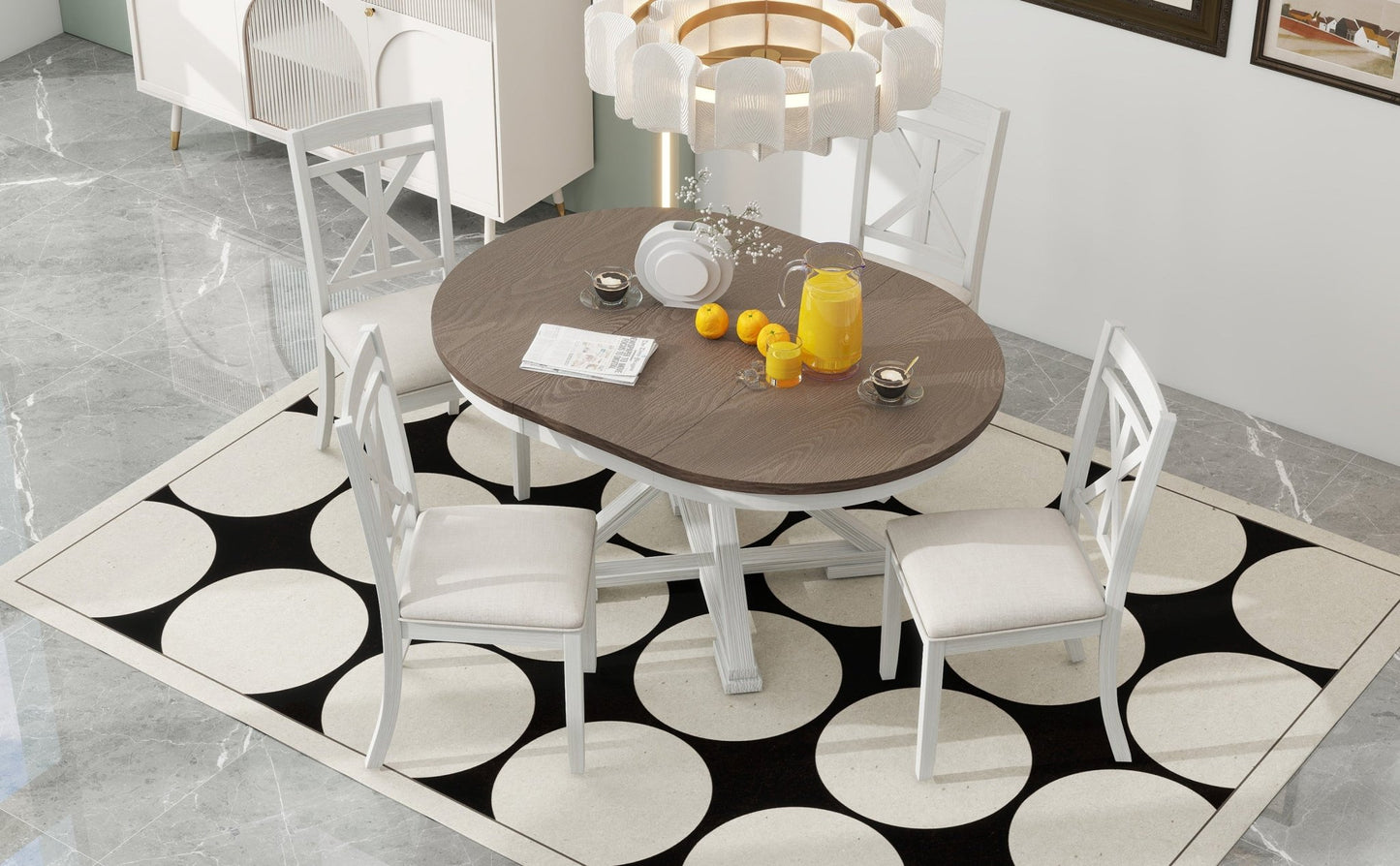 TREXM 5 - Piece Retro Functional Dining Table Set Extendable Round Table and 4 Upholstered Chairs for Dining Room and Living Room (Brown+Antique White) - 1st Choice Furniture Direct