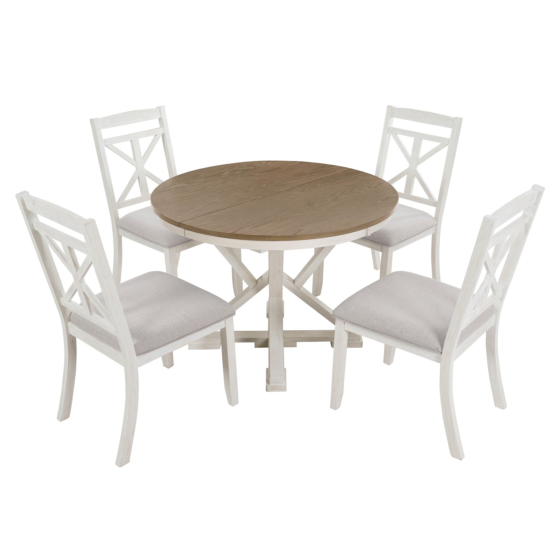 TREXM 5 - Piece Retro Functional Dining Table Set Extendable Round Table and 4 Upholstered Chairs for Dining Room and Living Room (Brown+Antique White) - 1st Choice Furniture Direct