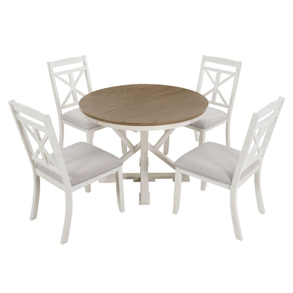 TREXM 5 - Piece Retro Functional Dining Table Set Extendable Round Table and 4 Upholstered Chairs for Dining Room and Living Room (Brown+Antique White) - 1st Choice Furniture Direct