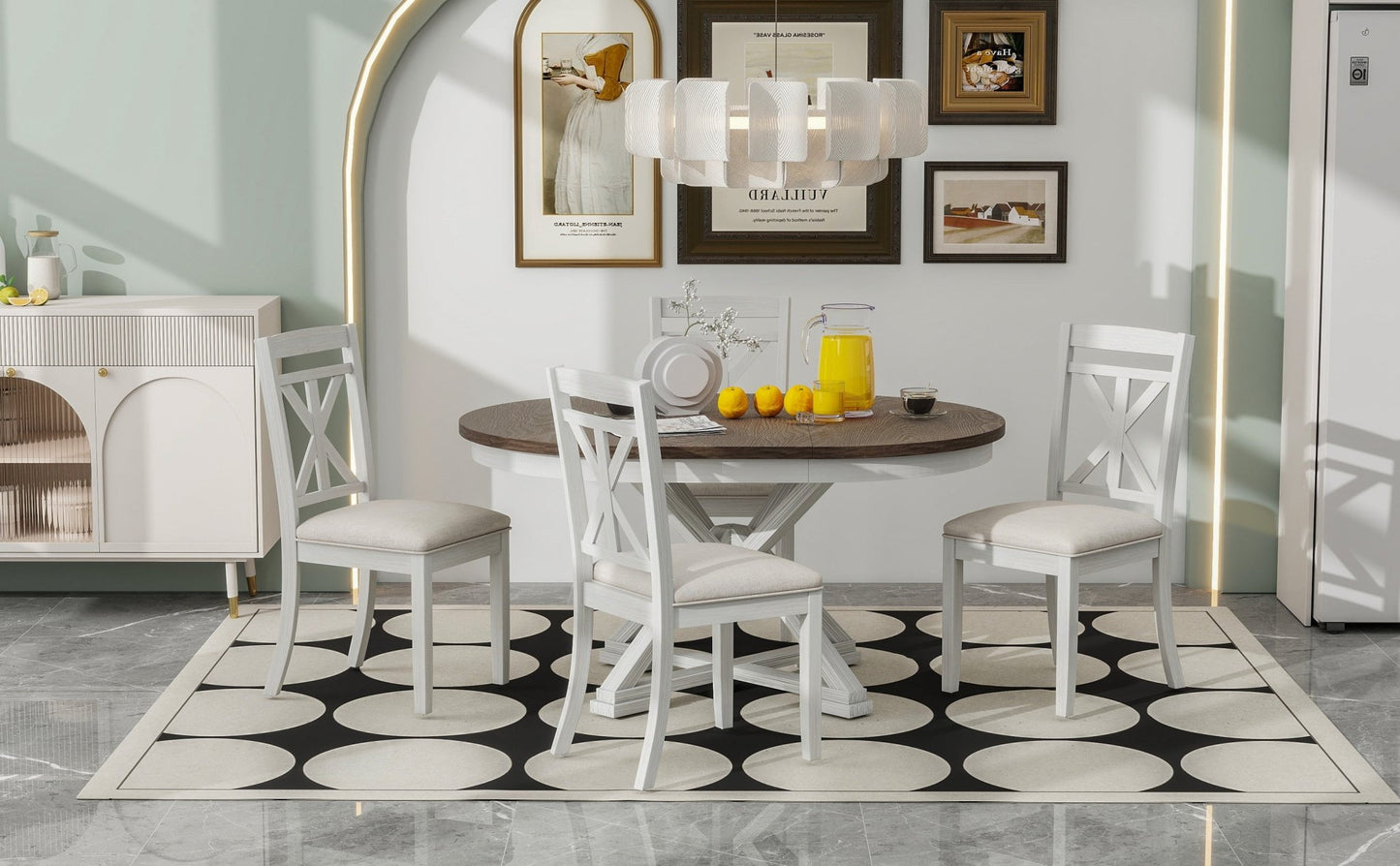 TREXM 5 - Piece Retro Functional Dining Table Set Extendable Round Table and 4 Upholstered Chairs for Dining Room and Living Room (Brown+Antique White) - 1st Choice Furniture Direct