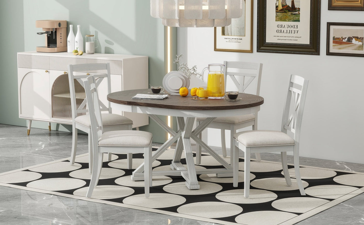 TREXM 5 - Piece Retro Functional Dining Table Set Extendable Round Table and 4 Upholstered Chairs for Dining Room and Living Room (Brown+Antique White) - 1st Choice Furniture Direct