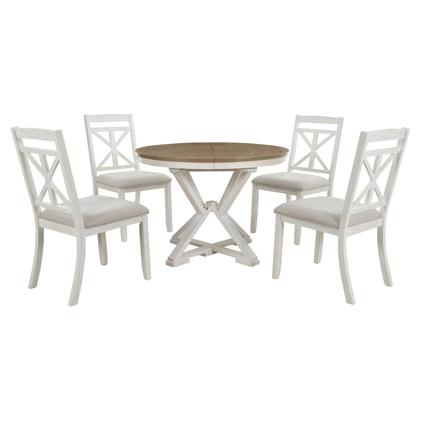 TREXM 5 - Piece Retro Functional Dining Table Set Extendable Round Table and 4 Upholstered Chairs for Dining Room and Living Room (Brown+Antique White) - 1st Choice Furniture Direct