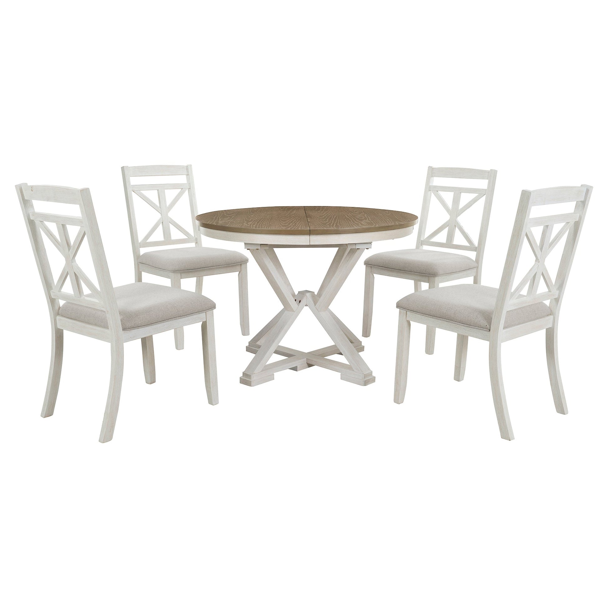 TREXM 5 - Piece Retro Functional Dining Table Set Extendable Round Table and 4 Upholstered Chairs for Dining Room and Living Room (Brown+Antique White) - 1st Choice Furniture Direct