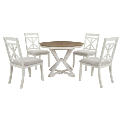TREXM 5 - Piece Retro Functional Dining Table Set Extendable Round Table and 4 Upholstered Chairs for Dining Room and Living Room (Brown+Antique White) - 1st Choice Furniture Direct