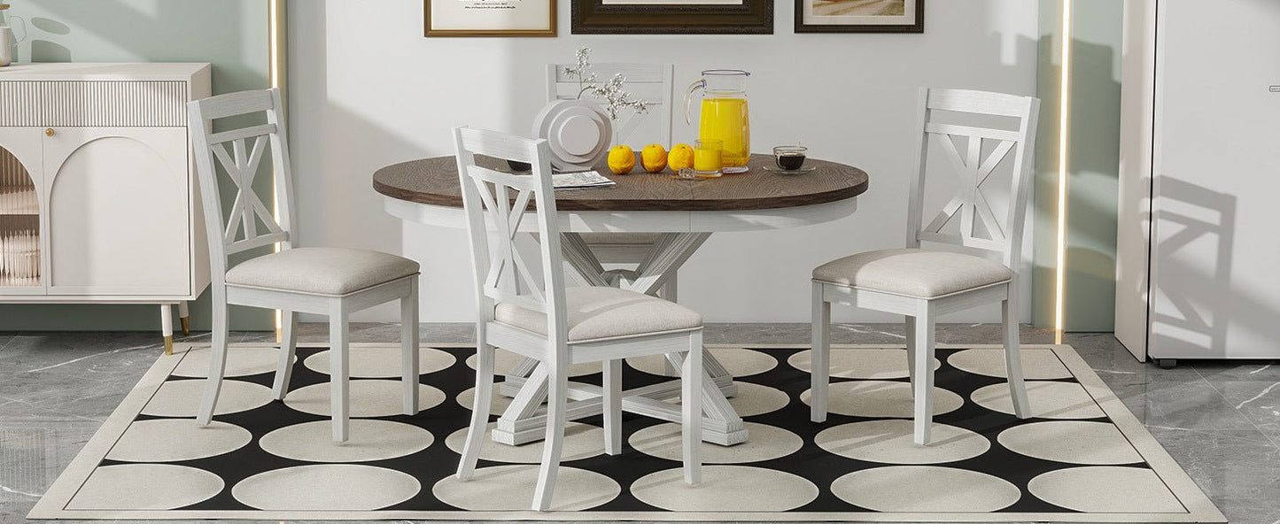 TREXM 5 - Piece Retro Functional Dining Table Set Extendable Round Table and 4 Upholstered Chairs for Dining Room and Living Room (Brown+Antique White) - 1st Choice Furniture Direct