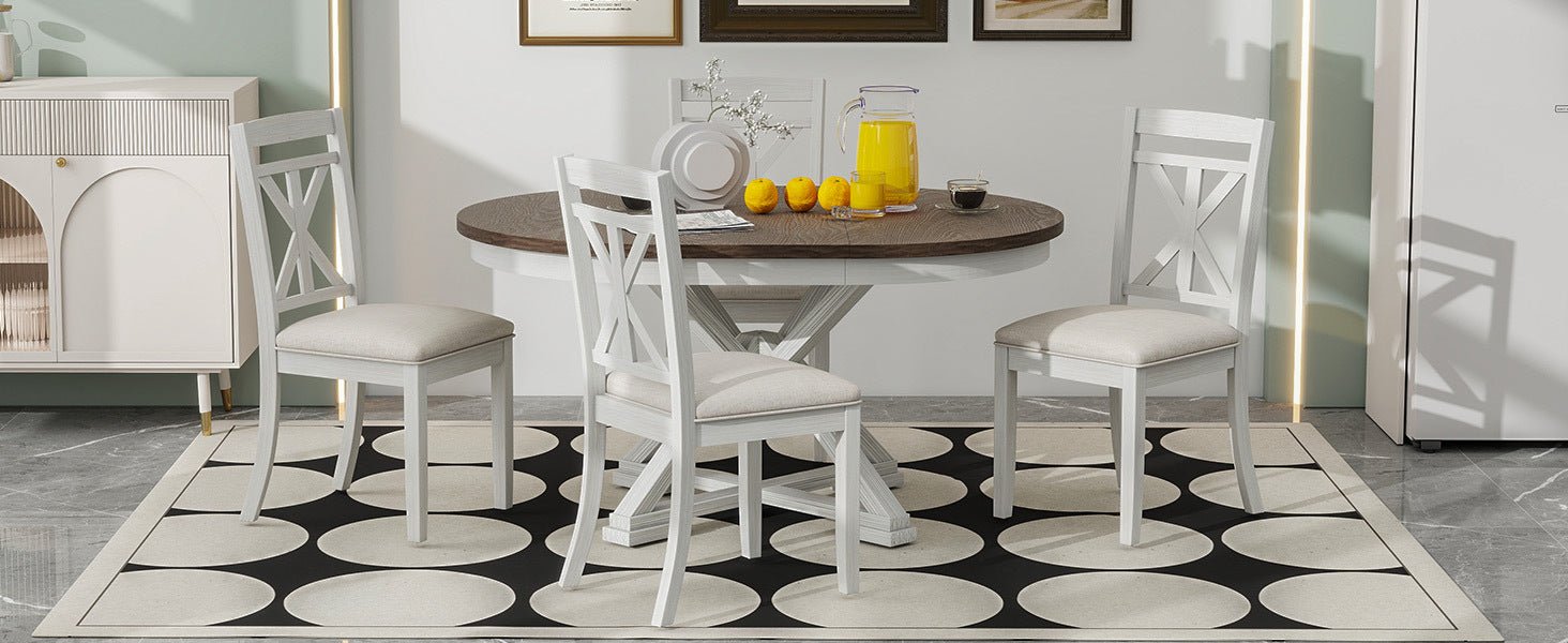 TREXM 5 - Piece Retro Functional Dining Table Set Extendable Round Table and 4 Upholstered Chairs for Dining Room and Living Room (Brown+Antique White) - 1st Choice Furniture Direct
