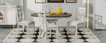 TREXM 5 - Piece Retro Functional Dining Table Set Extendable Round Table and 4 Upholstered Chairs for Dining Room and Living Room (Brown+Antique White) - 1st Choice Furniture Direct