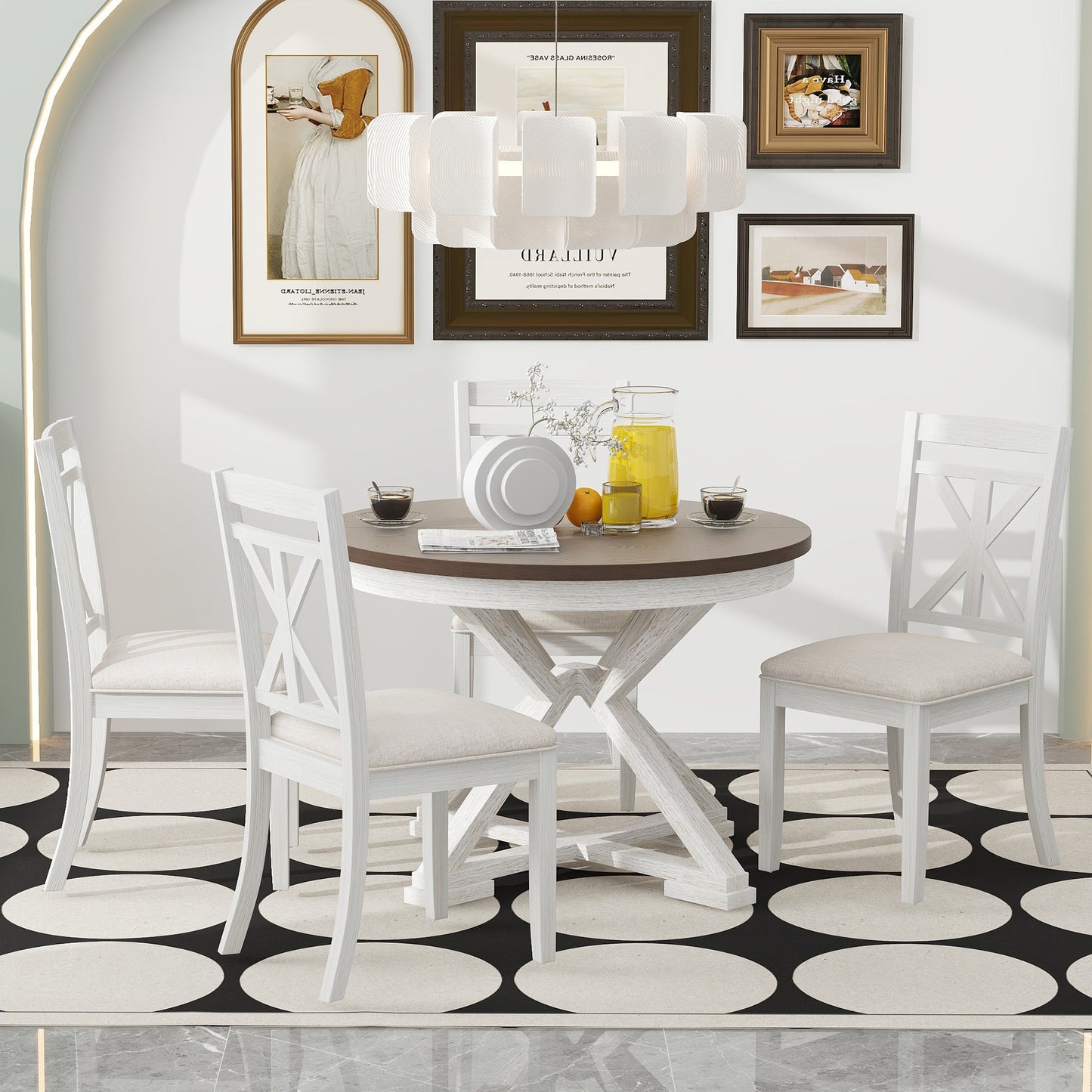 TREXM 5 - Piece Retro Functional Dining Table Set Extendable Round Table and 4 Upholstered Chairs for Dining Room and Living Room (Brown+Antique White) - 1st Choice Furniture Direct