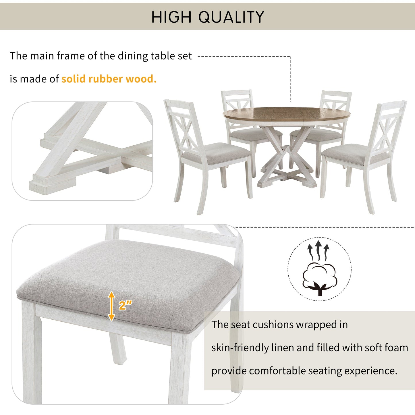 TREXM 5 - Piece Retro Functional Dining Table Set Extendable Round Table and 4 Upholstered Chairs for Dining Room and Living Room (Brown+Antique White) - 1st Choice Furniture Direct
