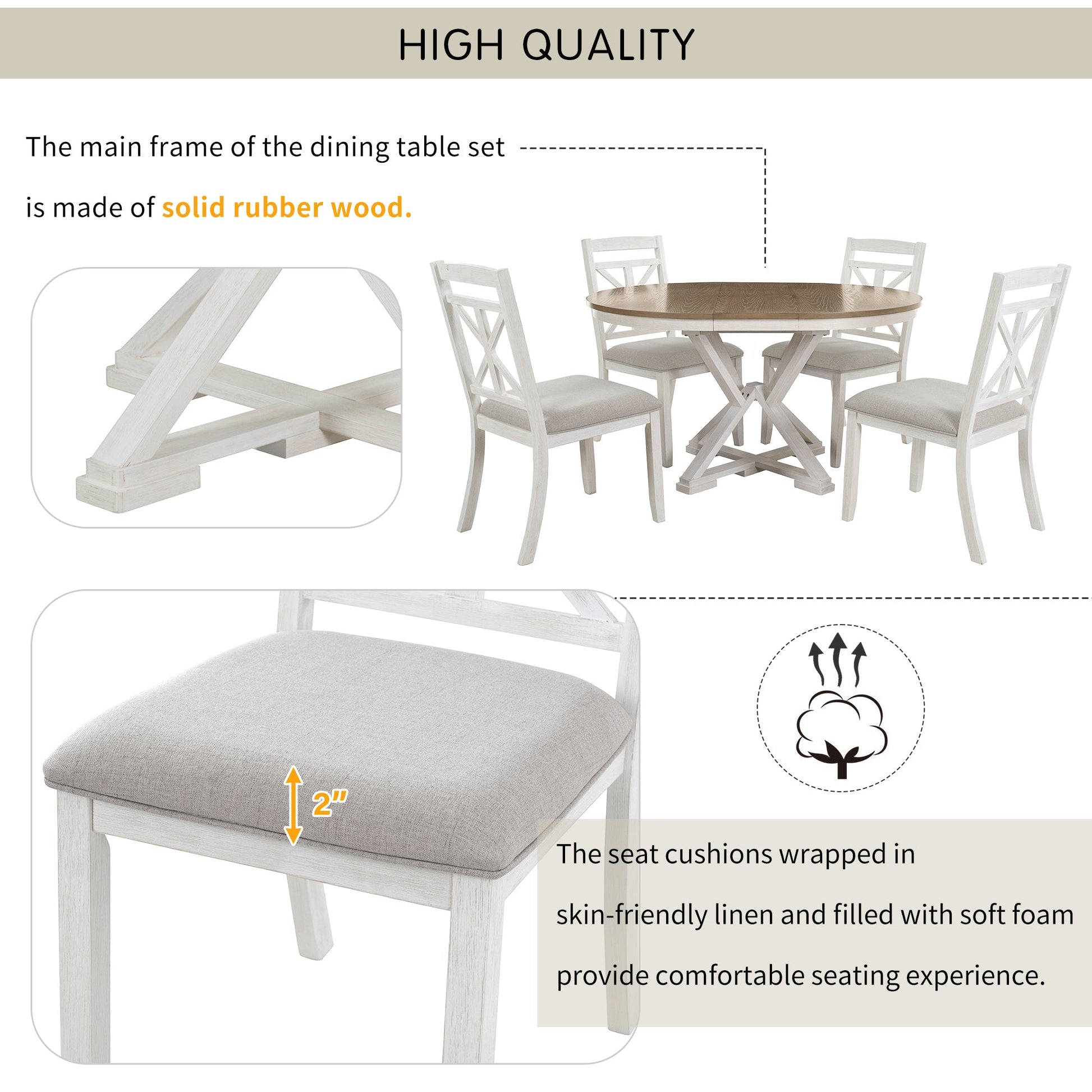TREXM 5 - Piece Retro Functional Dining Table Set Extendable Round Table and 4 Upholstered Chairs for Dining Room and Living Room (Brown+Antique White) - 1st Choice Furniture Direct