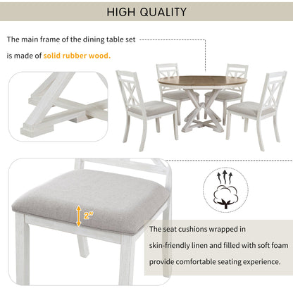 TREXM 5 - Piece Retro Functional Dining Table Set Extendable Round Table and 4 Upholstered Chairs for Dining Room and Living Room (Brown+Antique White) - 1st Choice Furniture Direct