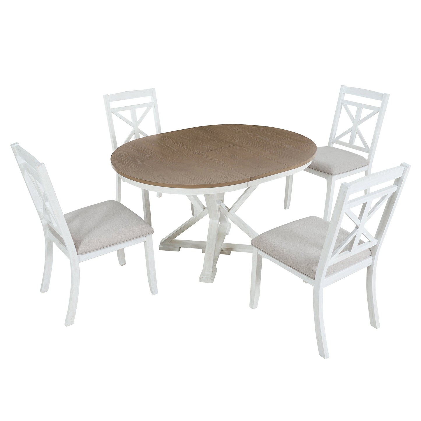 TREXM 5 - Piece Retro Functional Dining Table Set Extendable Round Table and 4 Upholstered Chairs for Dining Room and Living Room (Brown+Antique White) - 1st Choice Furniture Direct