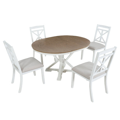 TREXM 5 - Piece Retro Functional Dining Table Set Extendable Round Table and 4 Upholstered Chairs for Dining Room and Living Room (Brown+Antique White) - 1st Choice Furniture Direct