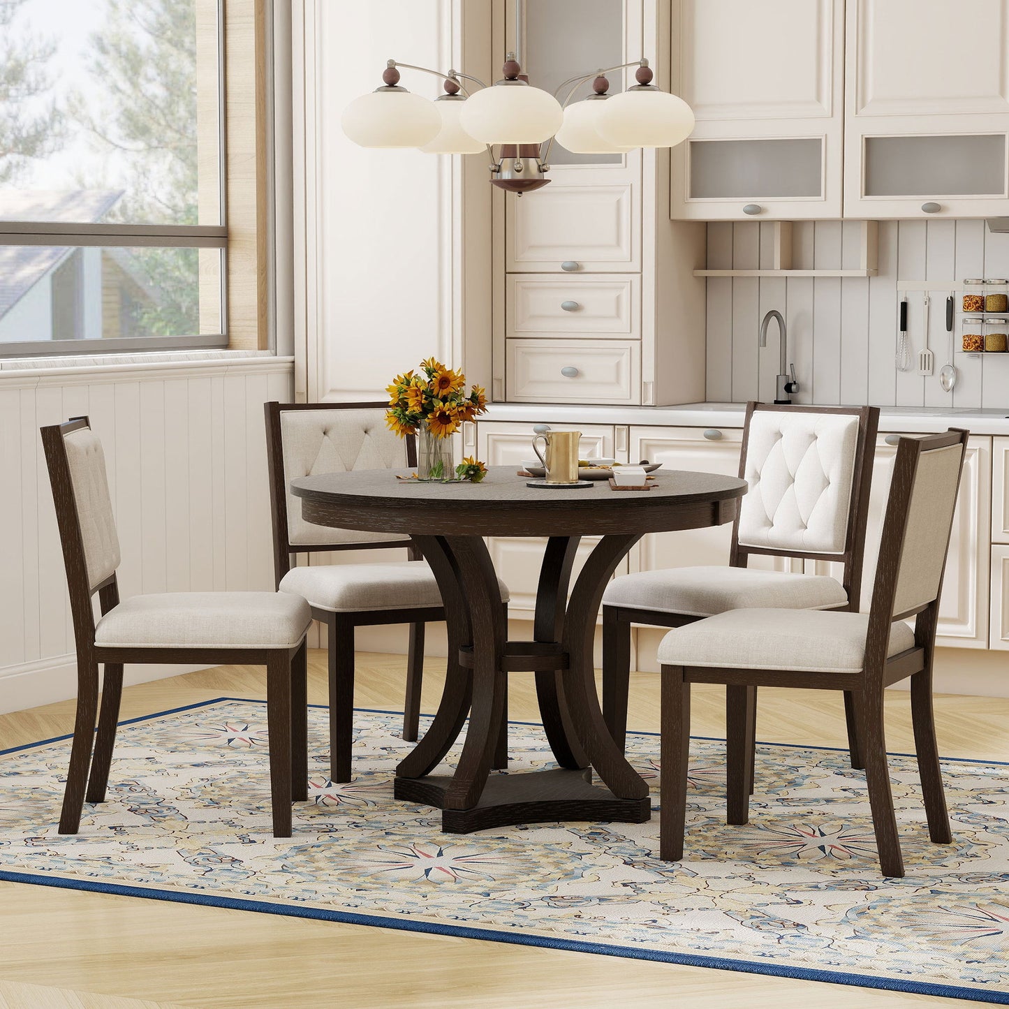 TREXM 5 - Piece Retro Functional Dining Table Set Extendable Round Table and 4 Upholstered Chairs for Dining Room and Living Room (Espresso) - 1st Choice Furniture Direct