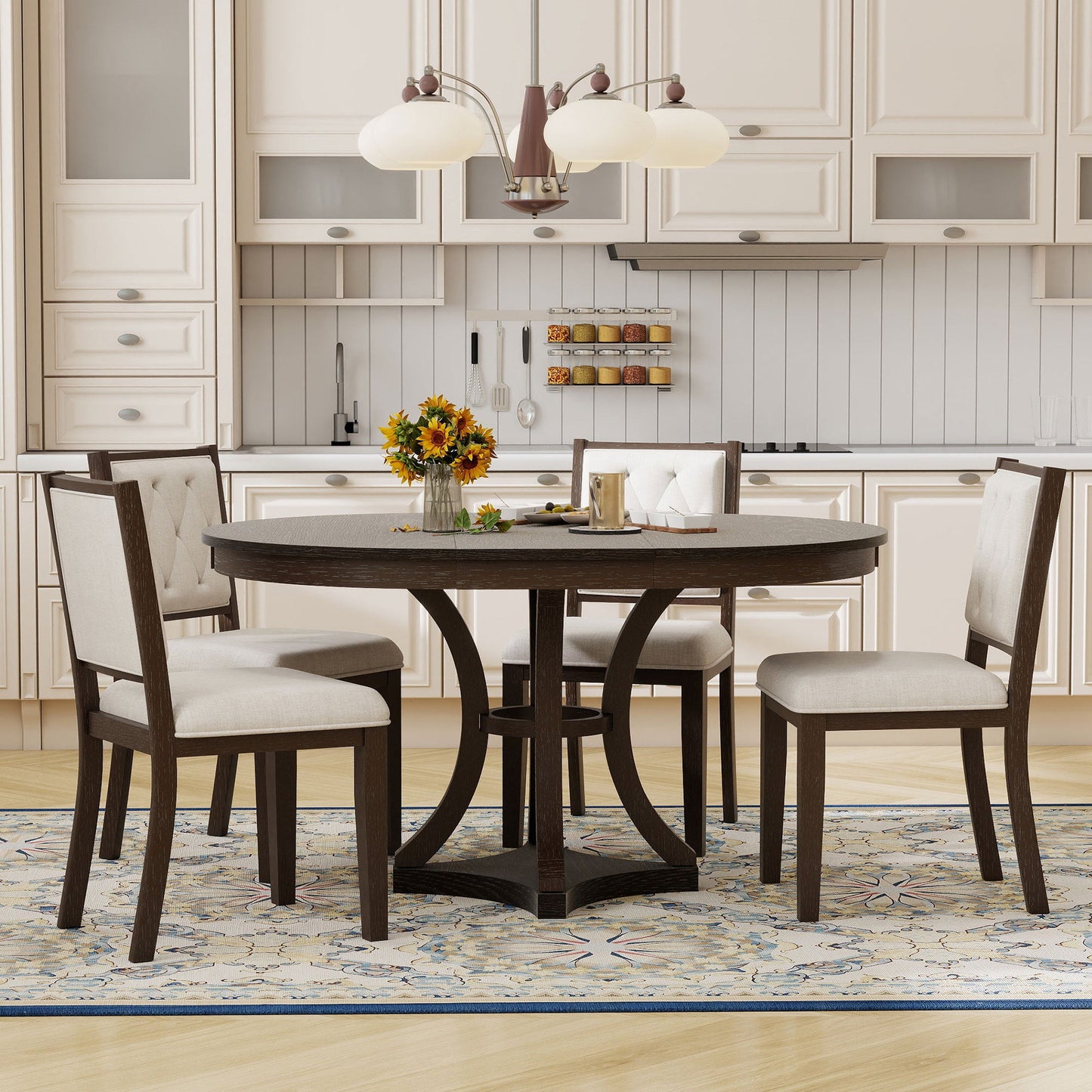 TREXM 5 - Piece Retro Functional Dining Table Set Extendable Round Table and 4 Upholstered Chairs for Dining Room and Living Room (Espresso) - 1st Choice Furniture Direct