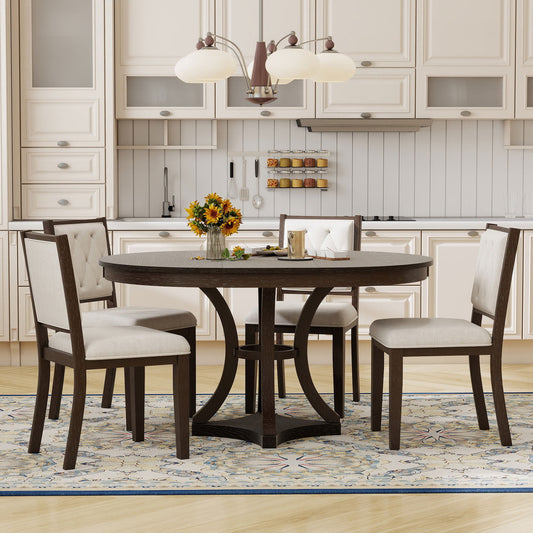 TREXM 5 - Piece Retro Functional Dining Table Set Extendable Round Table and 4 Upholstered Chairs for Dining Room and Living Room (Espresso) - 1st Choice Furniture Direct