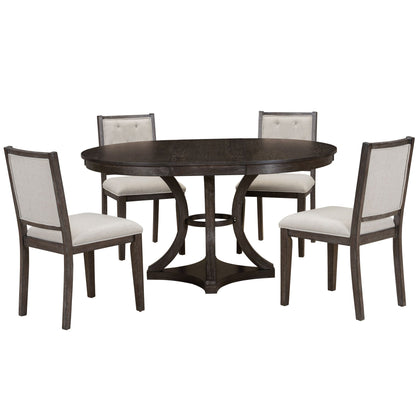 TREXM 5 - Piece Retro Functional Dining Table Set Extendable Round Table and 4 Upholstered Chairs for Dining Room and Living Room (Espresso) - 1st Choice Furniture Direct