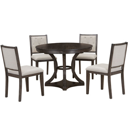 TREXM 5 - Piece Retro Functional Dining Table Set Extendable Round Table and 4 Upholstered Chairs for Dining Room and Living Room (Espresso) - 1st Choice Furniture Direct