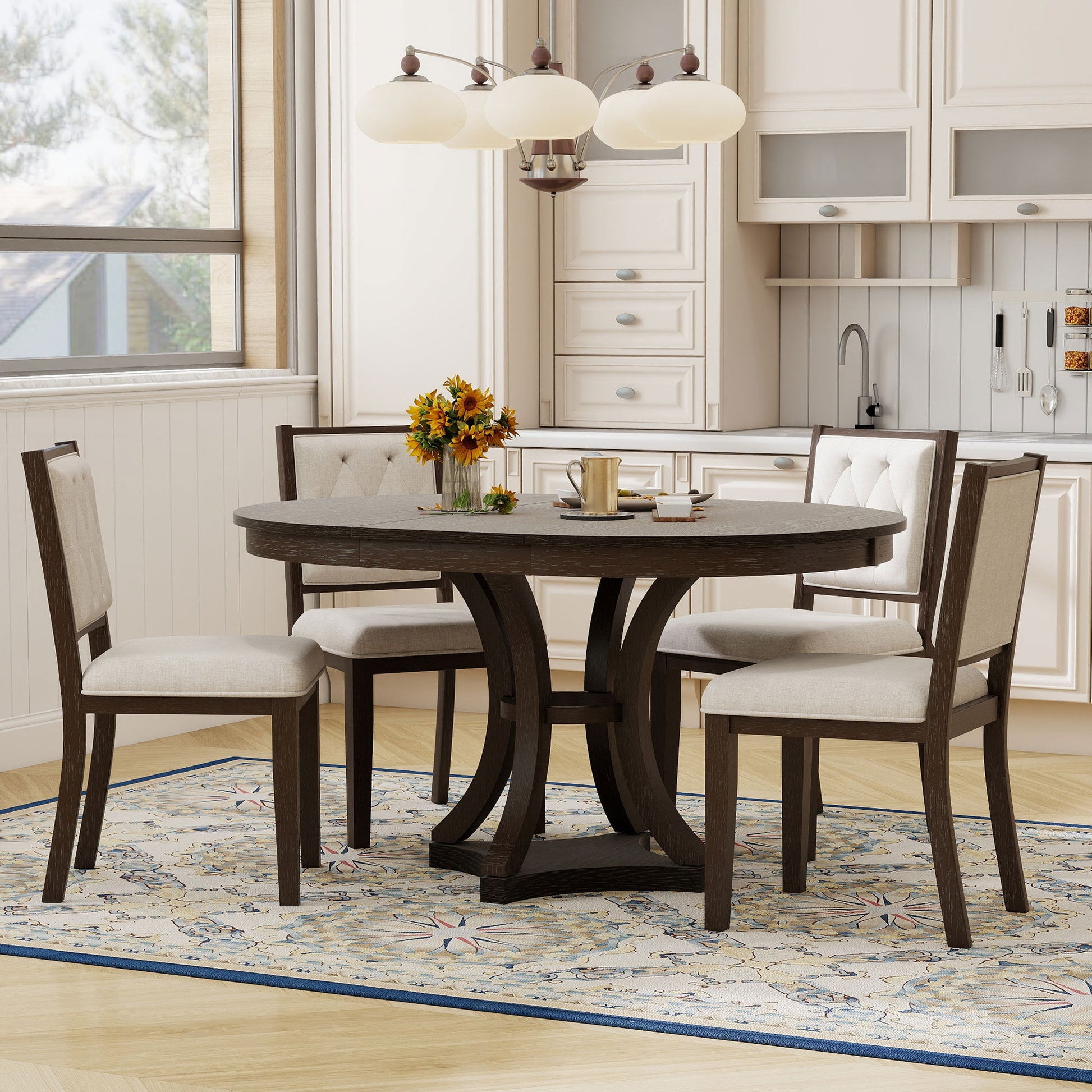 TREXM 5 - Piece Retro Functional Dining Table Set Extendable Round Table and 4 Upholstered Chairs for Dining Room and Living Room (Espresso) - 1st Choice Furniture Direct