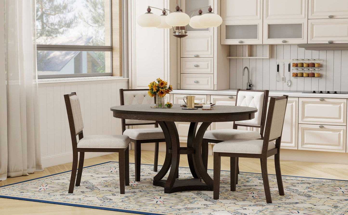 TREXM 5 - Piece Retro Functional Dining Table Set Extendable Round Table and 4 Upholstered Chairs for Dining Room and Living Room (Espresso) - 1st Choice Furniture Direct