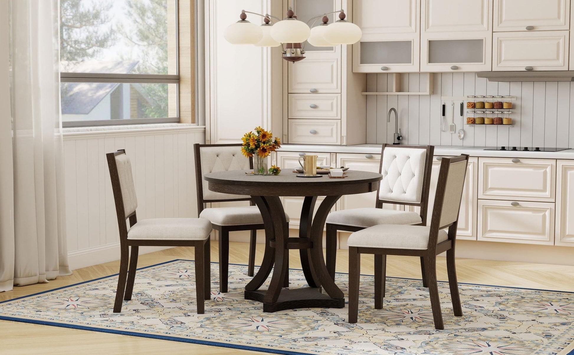 TREXM 5 - Piece Retro Functional Dining Table Set Extendable Round Table and 4 Upholstered Chairs for Dining Room and Living Room (Espresso) - 1st Choice Furniture Direct